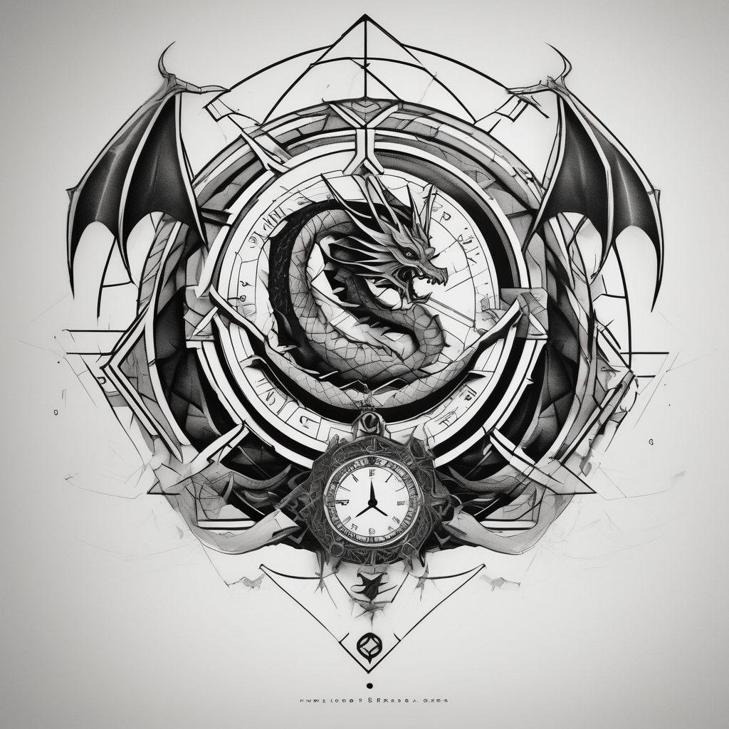 Dark cancer zodiac sign tattoo with dragon and clock on background floral sleeve tattoo, AI-generated Geometric tattoo design